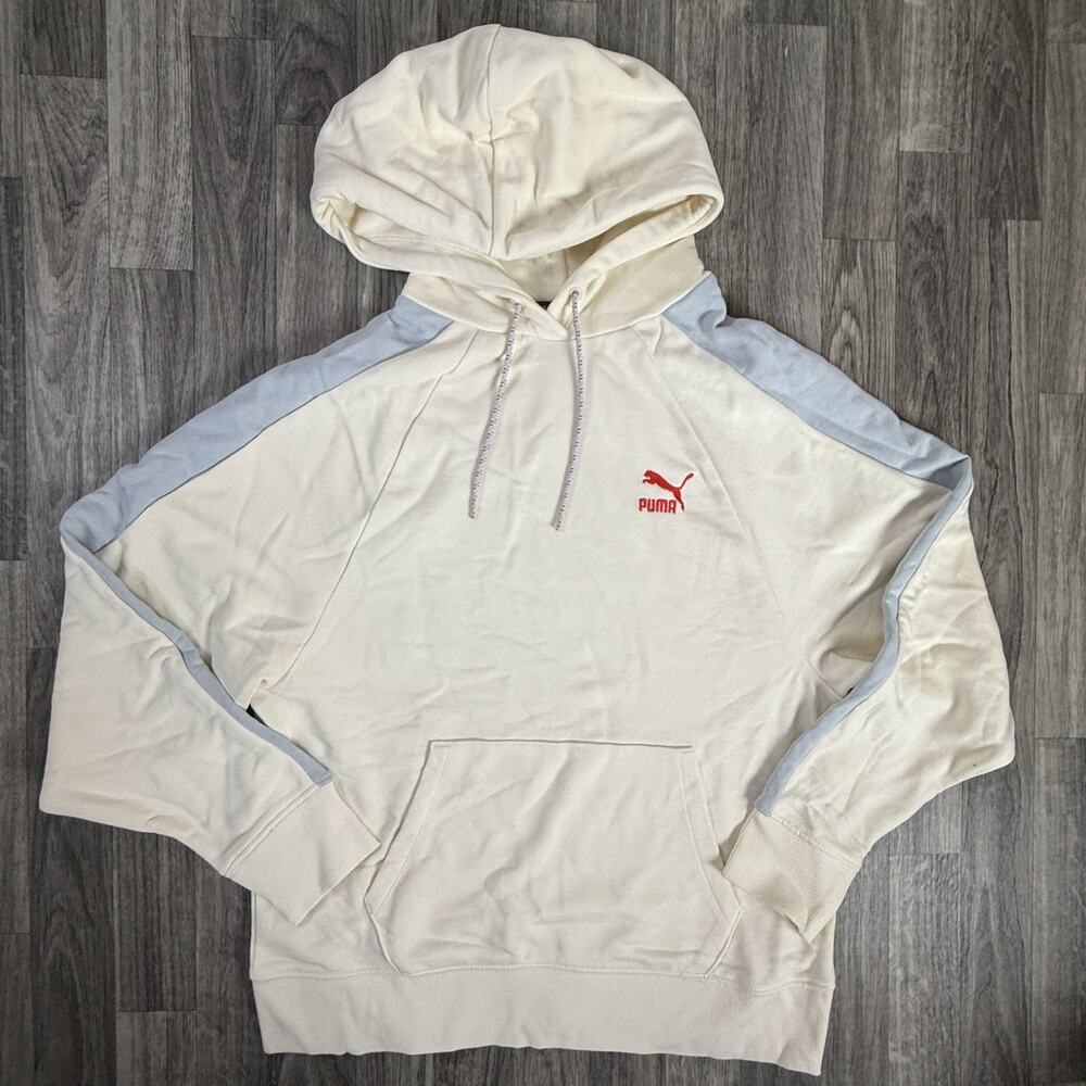 PUMA Cream White Hoodie Medium Red Logo Pullover Blue Stripe Raglan Sweatshirt